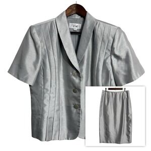 Le Suit skirt suit set women's 14 silver gray metallic shiny wedding formal work